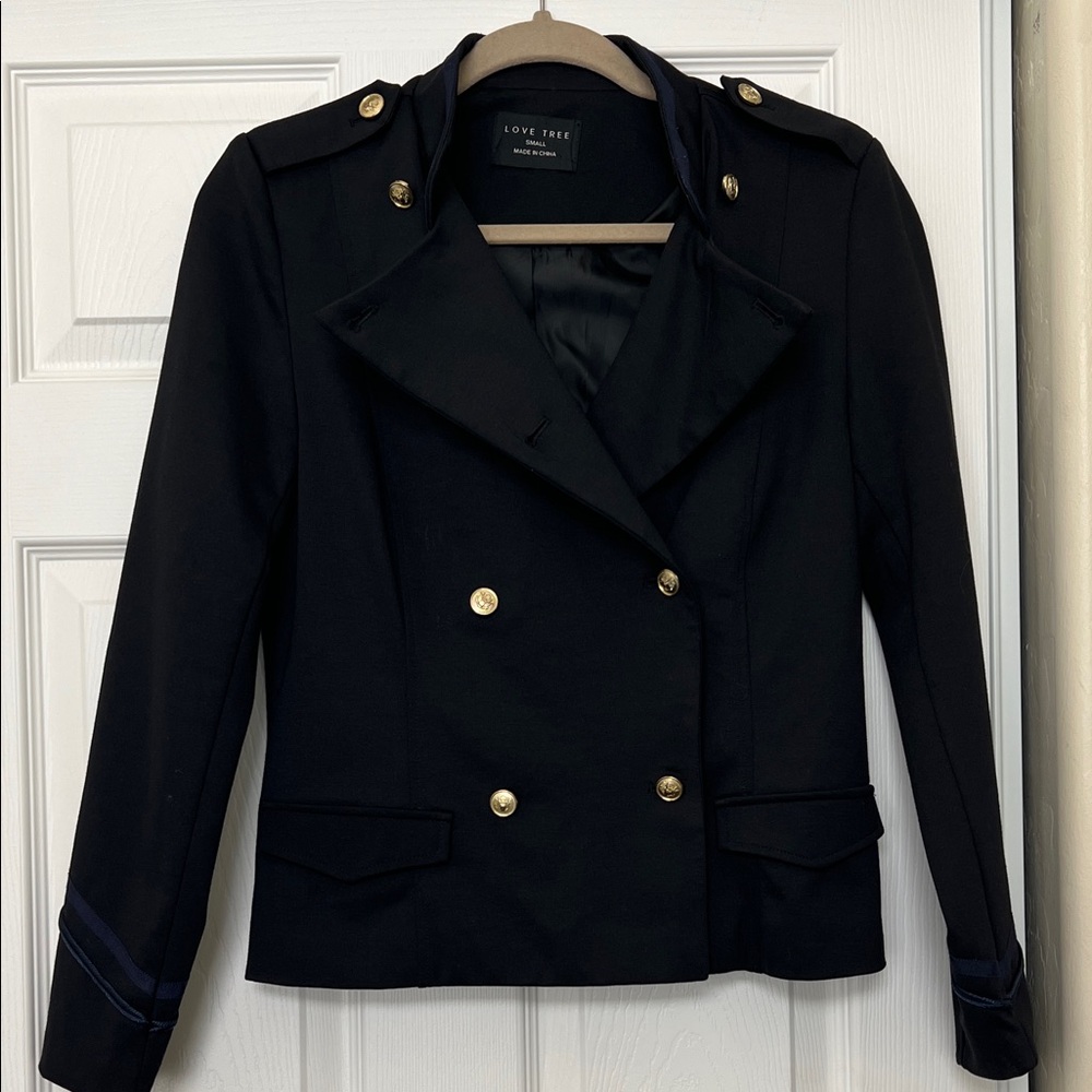 Love Tree Black Blazer with Gold Buttons and Blue Trims